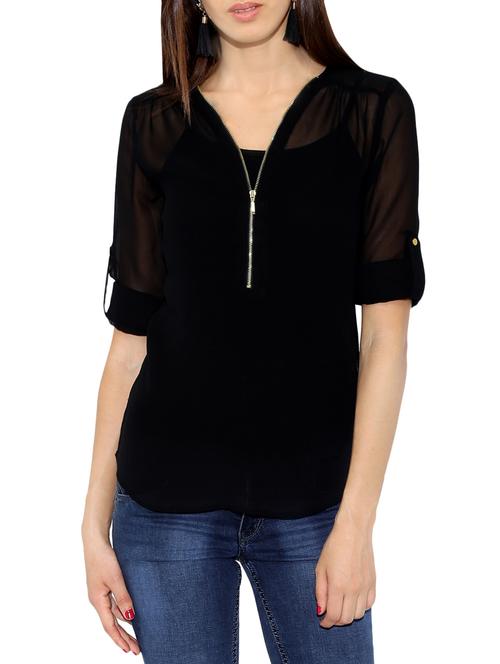 zip up neck high low top - 14235829 - Very Small Image - 1
