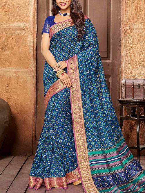 blue printed saree with blouse - 14247641 - Very Small Image - 1