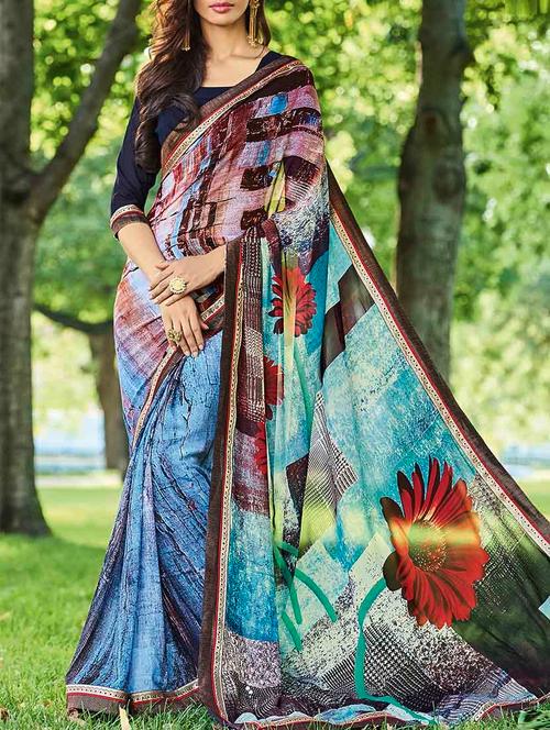blue printed saree with blouse - 14247650 - Very Small Image - 1
