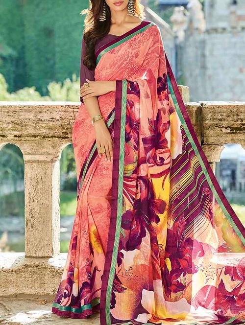 peach printed saree with blouse - 14247662 - Very Small Image - 1