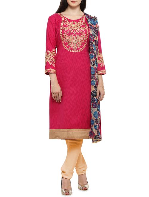 pink cotton embroidered unstitched suit - 14248552 - Very Small Image - 1