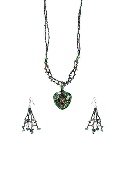 green colour floral heart shape glass beads pendant necklace with earrings - 14249209 - Very Small Image - 1