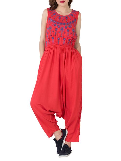 red embroidered rayon full leg jumpsuit - 14249815 - Very Small Image - 1