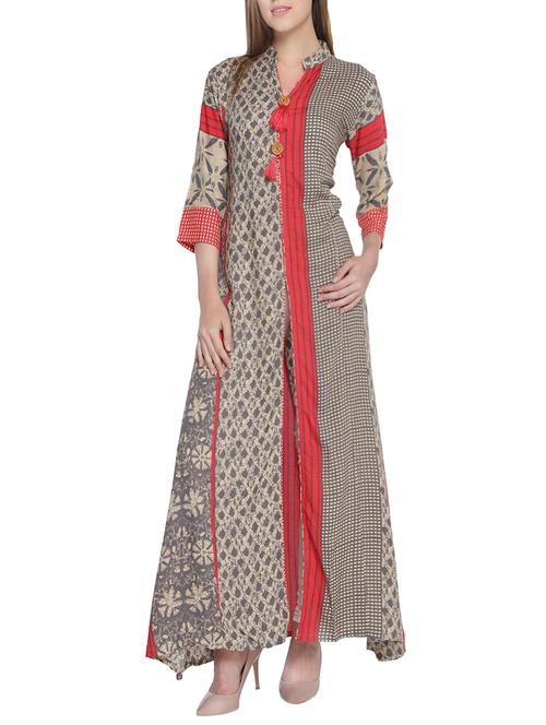 beige rayon high slit kurta - 14251882 - Very Small Image - 1