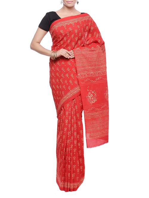 orange cotton block printed saree with blouse - 14251964 - Very Small Image - 1