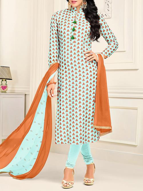 turquoise cotton printed semi-stitched suit - 14252208 - Very Small Image - 1