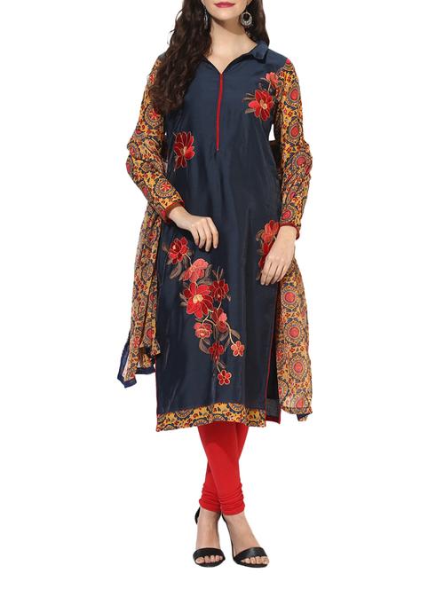 blue cotton blend semi-stitched suit - 14252209 - Very Small Image - 1