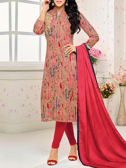 beige cotton blend semi-stitched suit - 14252212 - Very Small Image - 1