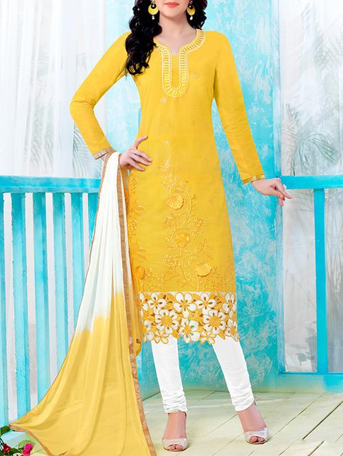 yellow cotton embroidered semi-stitched suit - 14252238 - Very Small Image - 1