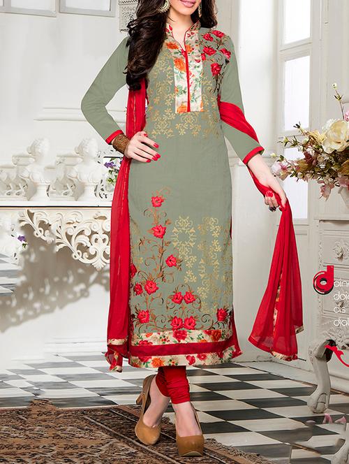 olive green cotton blend embroidered semi-stitched suit - 14252256 - Very Small Image - 1