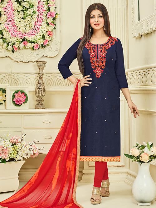 blue cotton blend semi-stitched suit - 14252286 - Very Small Image - 1