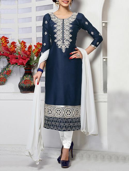 embroidered semi-stitched suit - 14252300 - Very Small Image - 1