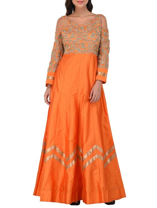 orange silk fit & flare gown - 14253059 - Very Small Image - 1