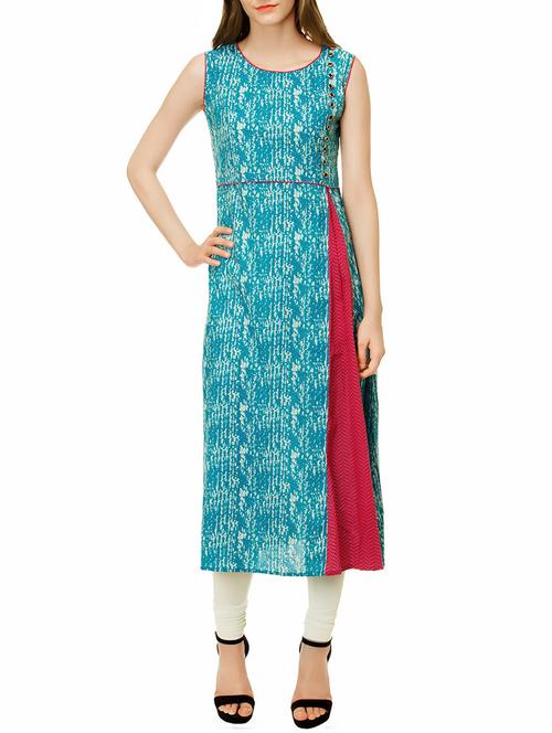 turquoise cotton a-line kurta - 14254736 - Very Small Image - 1