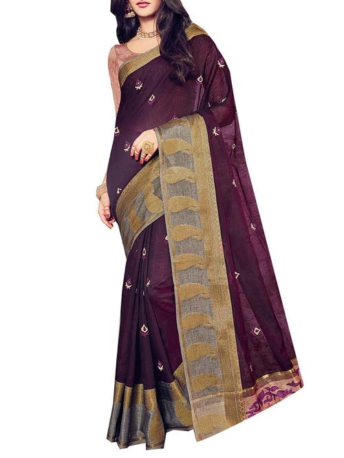purple cotton embroidered saree with blouse - 14256655 - Very Small Image - 1