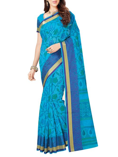 sky blue cotton printed saree with blouse - 14256666 - Very Small Image - 1