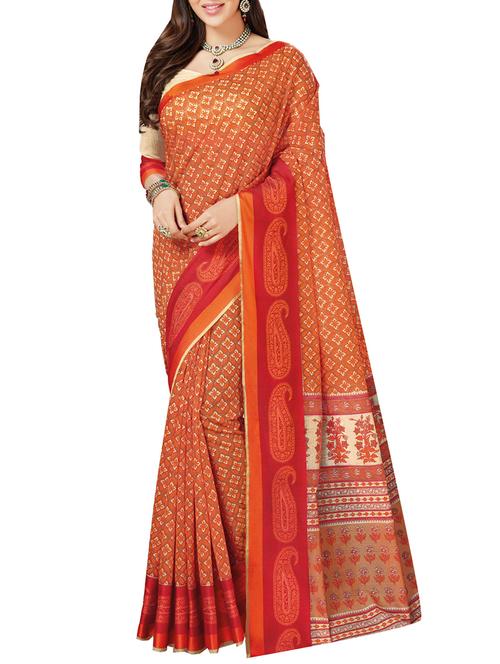 orange cotton printed saree with blouse - 14256677 - Very Small Image - 1