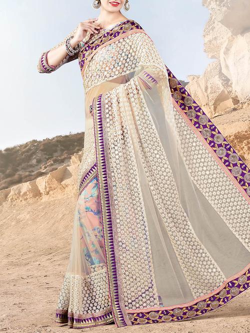 cream net embroidered saree with blouse - 14258728 - Very Small Image - 1
