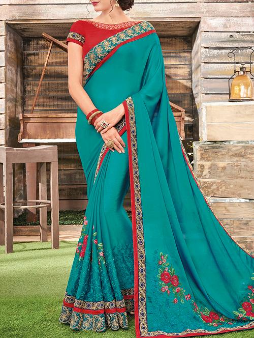 turquoise georgette embroidered saree with blouse - 14259943 - Very Small Image - 1