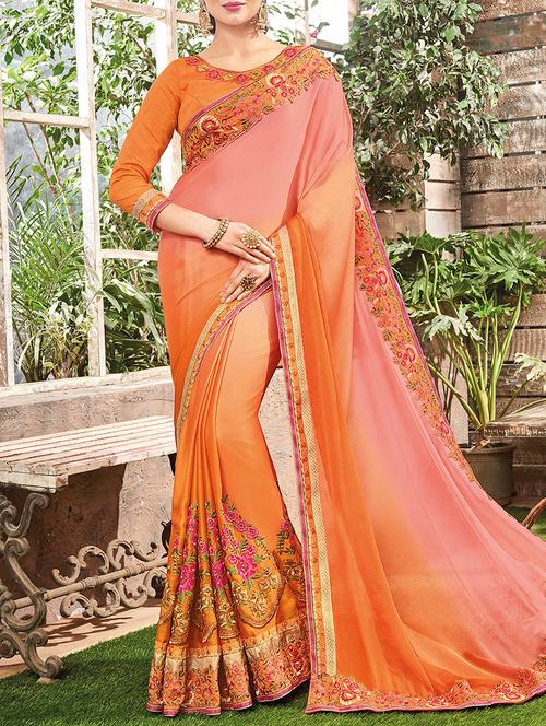 orange poly crepe embroidered saree with blouse - 14259944 - Very Small Image - 1