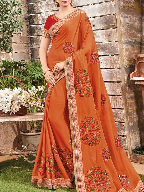 orange georgette embroidered saree with blouse - 14259951 - Very Small Image - 1