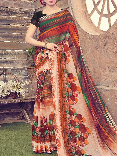 multicolour cotton blend printed saree with blouse - 14259990 - Very Small Image - 1