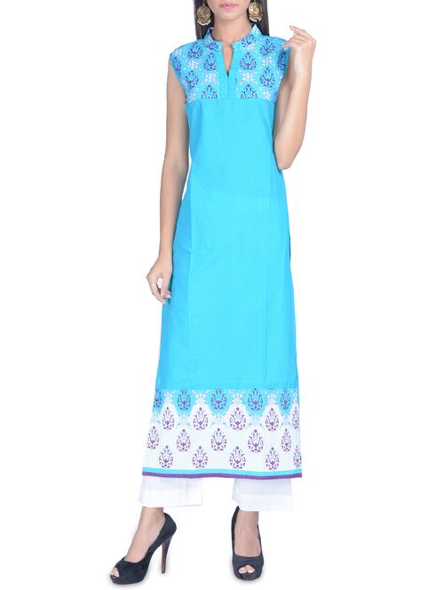 sky blue cotton straight kurta - 14260029 - Very Small Image - 1