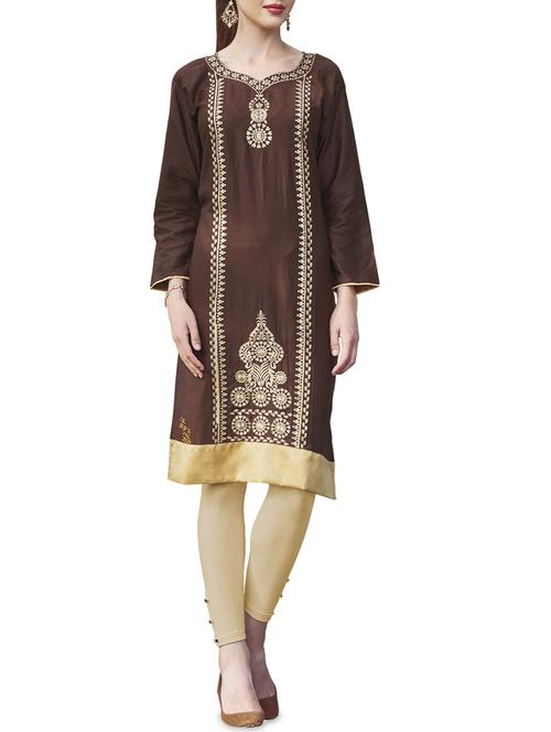brown cotton straight kurta - 14264136 - Very Small Image - 1