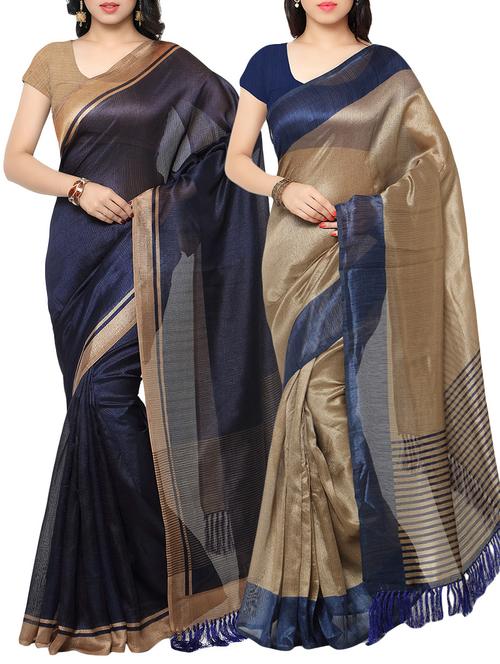 multicolour tussar silk sarees combo (set of 2) with blouse - 14265723 - Very Small Image - 1