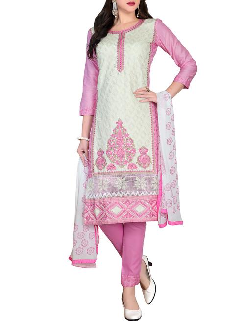white cotton embroidered dress material - 14265812 - Very Small Image - 1