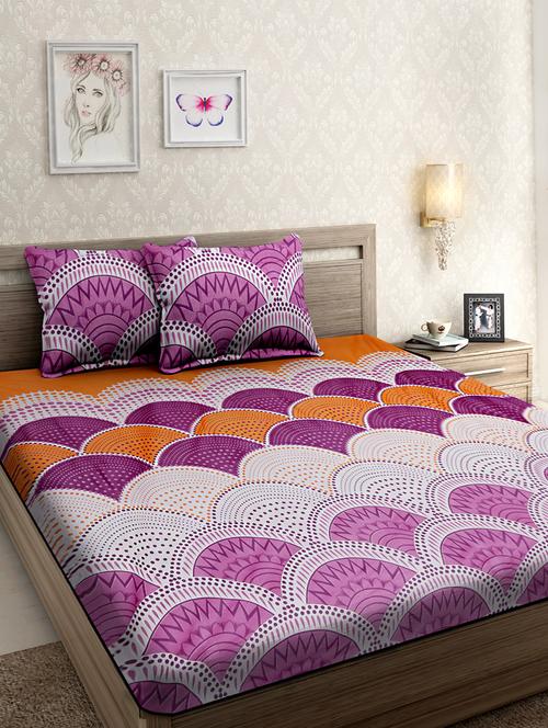 cotton printed purple double bed sheet with two pillow covers - 14265857 - Very Small Image - 1