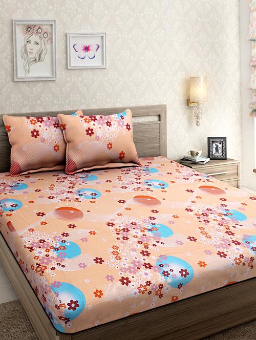 cotton floral printed orange double bed sheet with two pillow covers - 14265865 - Very Small Image - 1