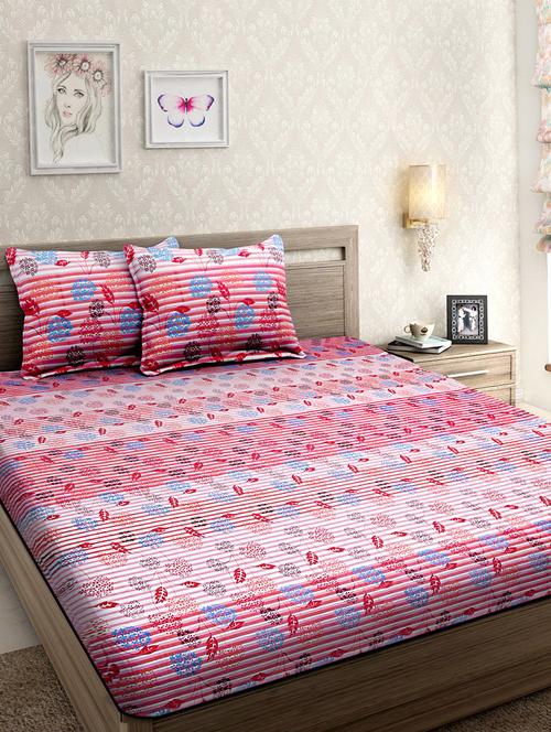 cotton floral printed pink double bed sheet with two pillow covers - 14265866 - Very Small Image - 1