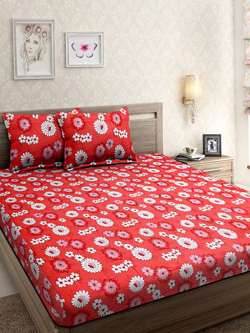 cotton red and white floral print double bed sheet with two pillow covers - 14265868 - Very Small Image - 1