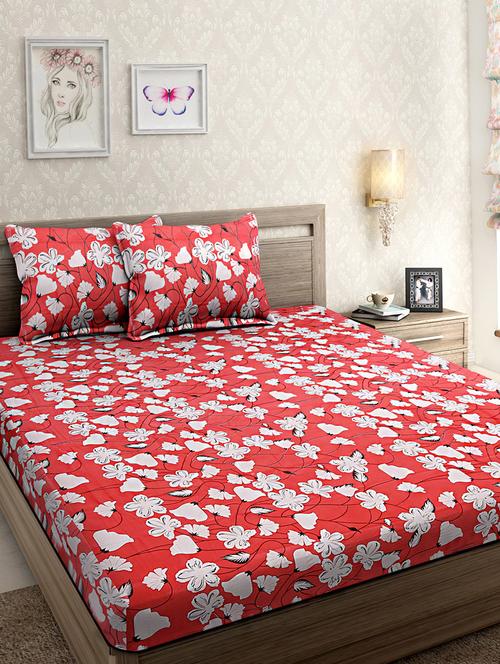 cotton red and white floral print double bed sheet with two pillow covers - 14265873 - Very Small Image - 1