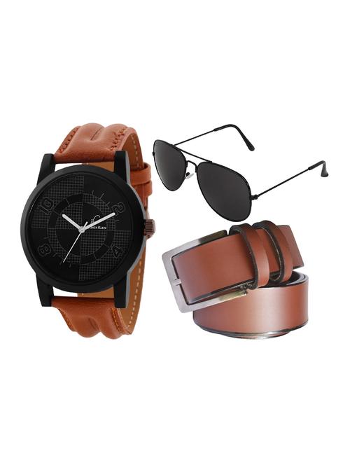 jack klein black dial brown strap high quality wrist watch with brown belt and aviator glasses - 14279122 - Very Small Image - 1