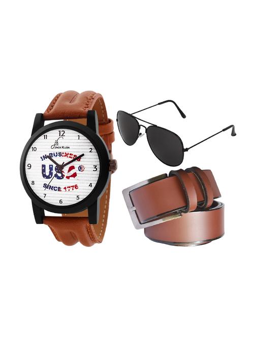jack klein stylish white dial brown strap analog wrist watch with brown belt and aviator glasses - 14279126 - Very Small Image - 1