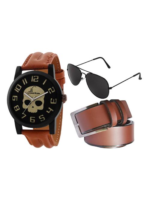 jack klein skeleton edition brown strap wrist watch with brown belt and aviator glasses - 14279130 - Very Small Image - 1