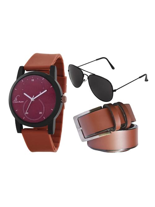 jack klein brown elegant silicone strap wrist watch with brown belt and aviator glasses - 14279132 - Very Small Image - 1