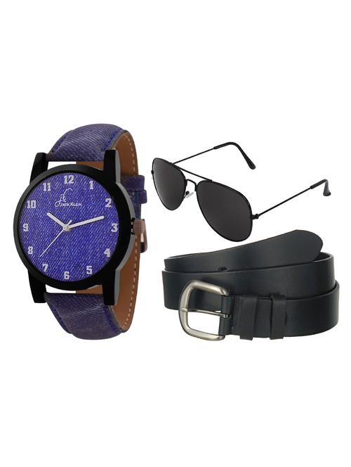 jack klein fully denim finish analog wrist watch with black belt and aviator glasses - 14279140 - Very Small Image - 1
