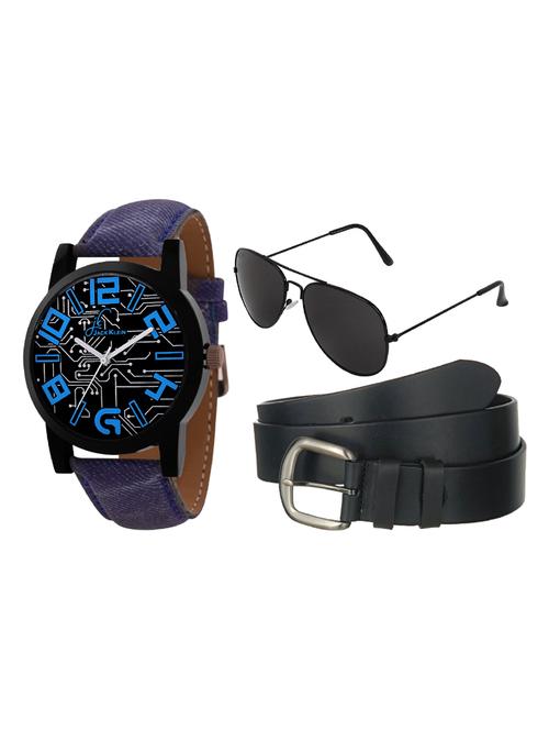 jack klein stylish denim finish strap premium quality watch with black belt and aviator glasses - 14279141 - Very Small Image - 1