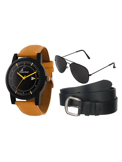 jack klein stylish round black dial graphic watch with black belt and aviator glasses - 14279143 - Very Small Image - 1