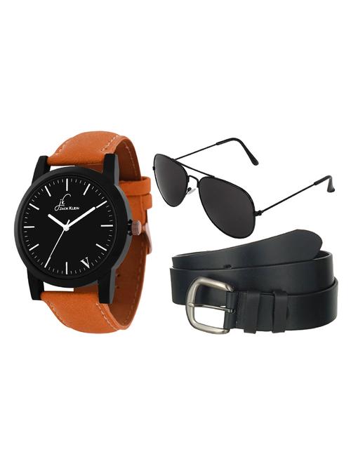 jack klein premium quality trendy black formal wrist watch with black belt and aviator glasses - 14279145 - Very Small Image - 1