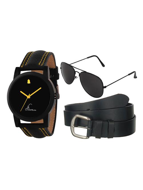 jack klein elegant fully black dial strap analogue wrist watch with black belt and aviator glasses - 14279148 - Very Small Image - 1