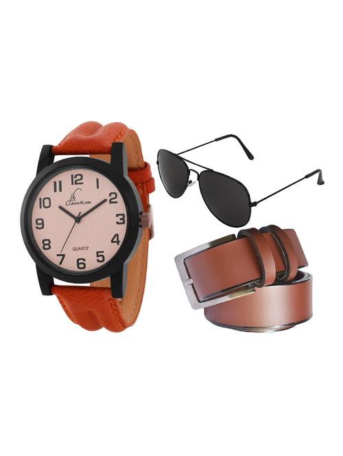 jack klein beige dial brown strap sober analogue wrist watch with brown belt and aviator glasses - 14279151 - Very Small Image - 1