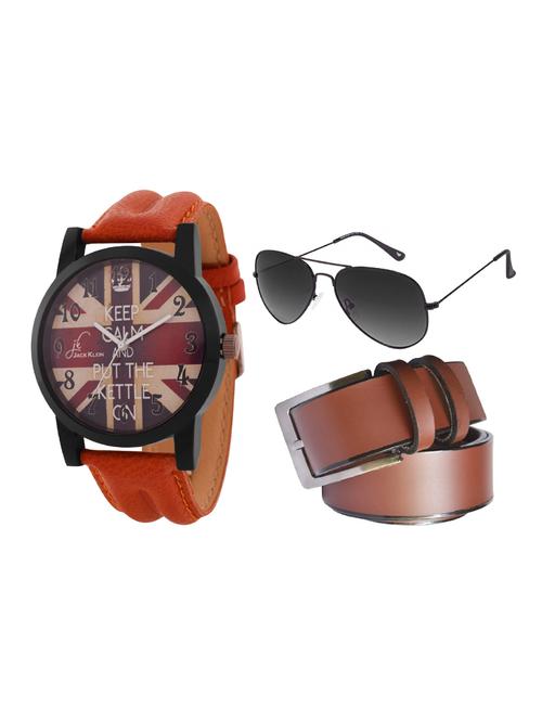 jack klein stylish graphic edition premium quality watch with brown belt and aviator glasses - 14279153 - Very Small Image - 1