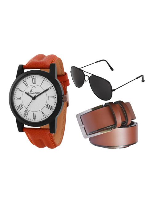jack klein premium quality white dial analog watch with brown belt and aviator glasses - 14279154 - Very Small Image - 1