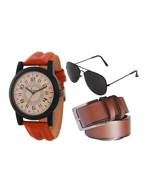 jack klein stylish beige dial brown strap analog wrist watch with brown belt and aviator glasses - 14279155 - Very Small Image - 1