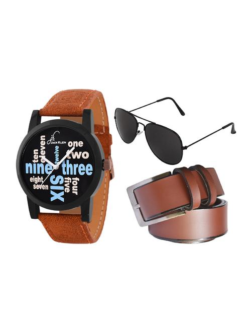 jack klein brown strap black dial graphic edition premium quality watch with brown belt and aviator glasses - 14279158 - Very Small Image - 1