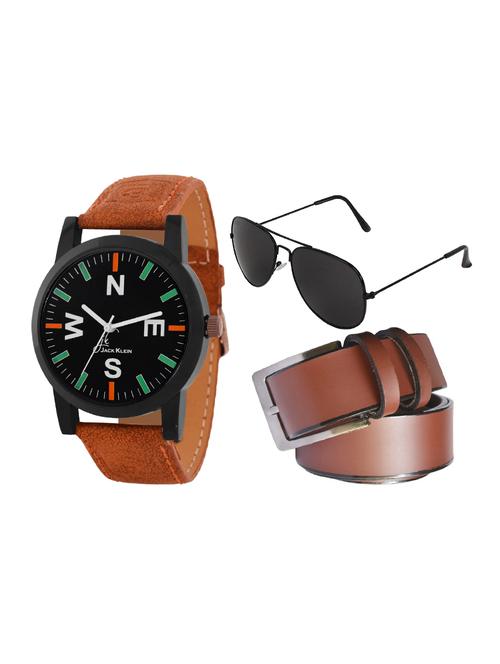 jack klein multicoloured dial brown strap high quality watch with brown belt and aviator glasses - 14279159 - Very Small Image - 1